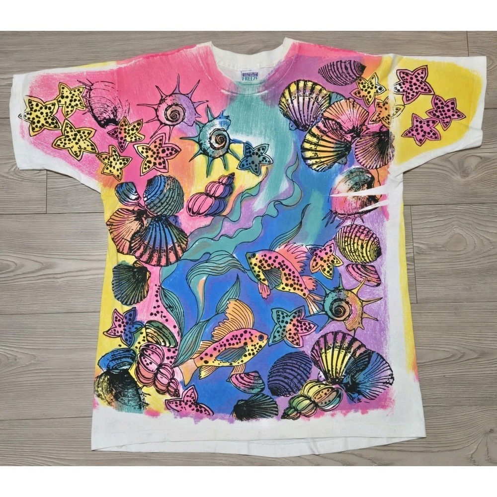VTG 90s Freeze Tag Tropical Fish Coral AOP All Over Print T Shirt Neon Retro XL